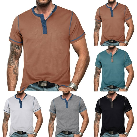 Xihbxyly Mens Tops Casual Stylish Slim Fit Buttons Crew Neck Short Sleeve Classic Tshirts Mens Casual Shirts Solid Loose Fit Mens Casual Shirts Active for Men