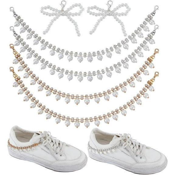 6Pcs Pearl Shoelace Charms 3 Styles Shoe Decoration Chain Metal Strap Chains and Shoe Buckle Clips
