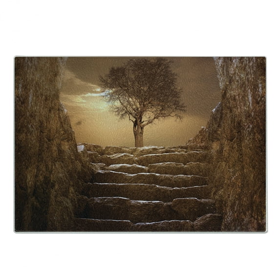 Tree Cutting Board, Treet Entrance with Stone Stairs Sun Rays Cloudy Sky Winter Landscape Monochromic View, Decorative Tempered Glass Cutting and Serving Board, Small Size, Brown, by Ambesonne