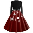 thumbnail image 3 of Women's Christmas Print Flare Dress with Snowflake, Christmas Tree and Snowman Pattern, Long Sleeve V-Neck Vintage Party Dress for Holiday Festive Occasions,Deep Red,Size M, 3 of 4