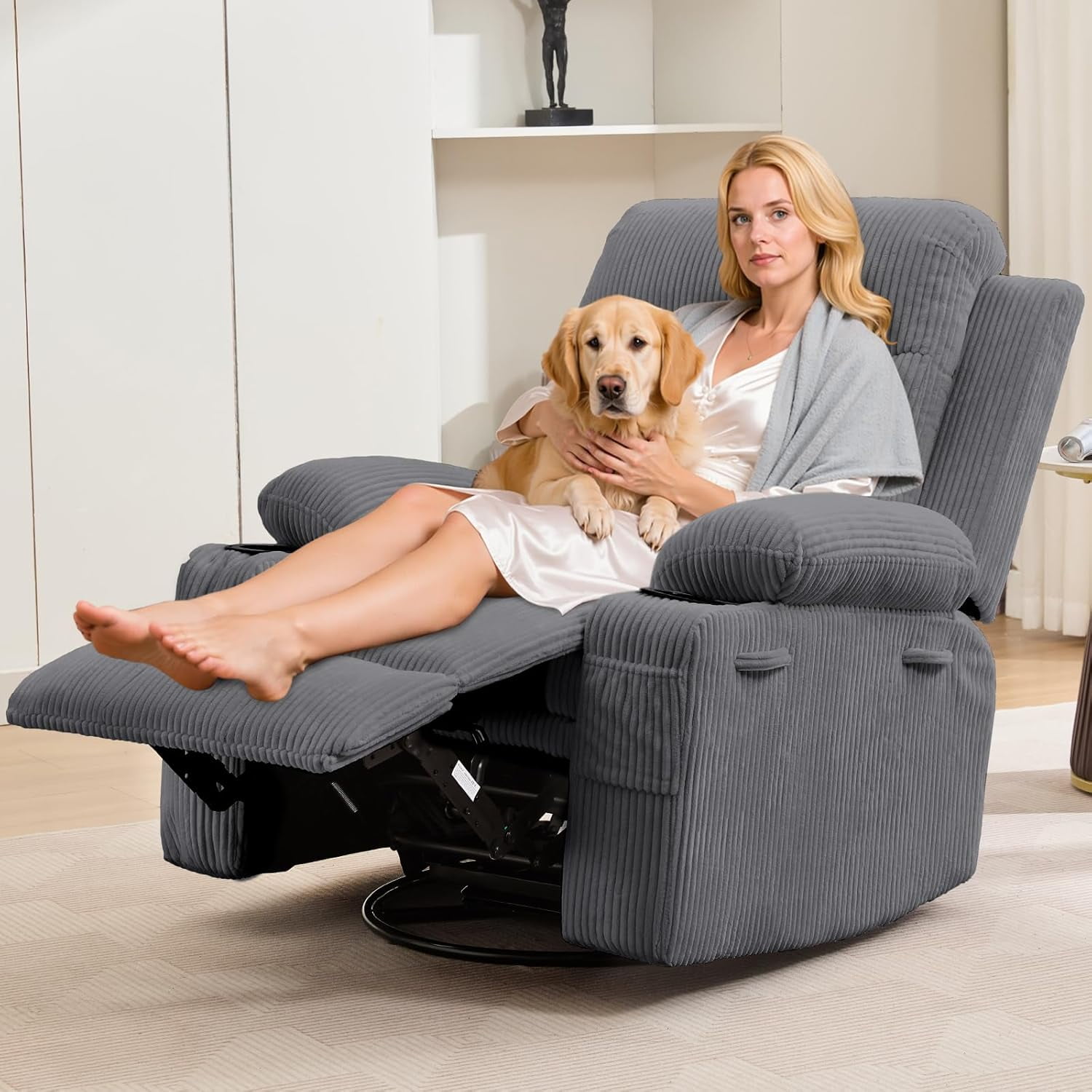 Recliner Chair Nursery, Oversized Manual Reclining Rocking Chair, Corduroy 360 Swivel Glider with Cup Holder, Massage and Heat Recliner, Small Sofa Chairs for Adults, Living Room,（Corduroy，Gray）