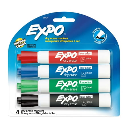 Expo Low Odor Dry Erase Markers, Chisel Tip, Assorted Colors, 4 Count