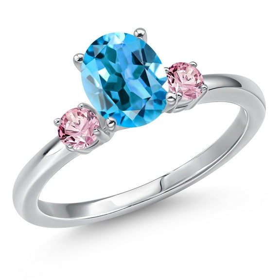 Gem Stone King 14K White Gold Swiss Blue Topaz and Pink Lab Grown Diamond Engagement Ring for Women | 1.76 Cttw | Oval 8X6MM | Gemstone November Birthstone | Size 8