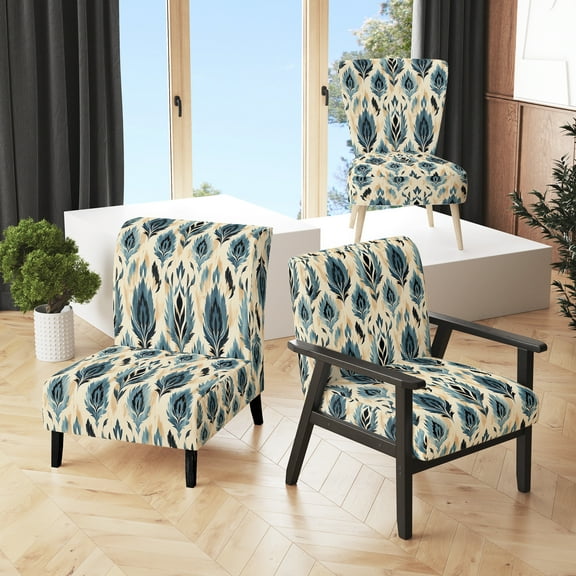 Designart "Beige And Blue Artisan Echoes" Blue Ikat Upholstered Accent Chair - Victorian Arm Chair For Living Room