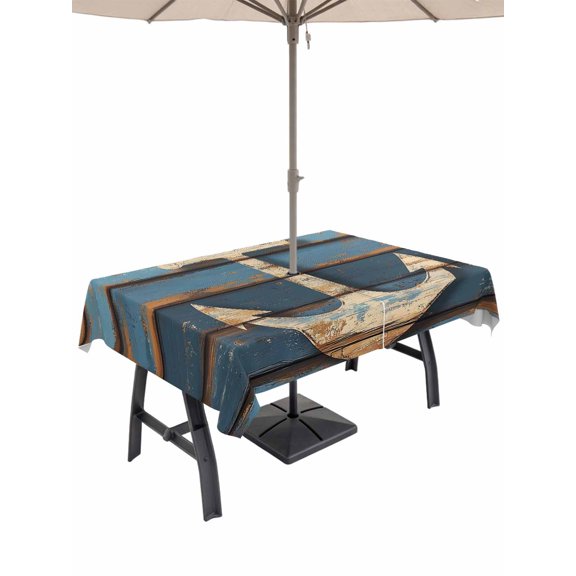 Outdoor Tablecloth with Umbrella Hole, Brown Anchor Nautical Spillproof Waterproof Outdoor Table Cover, Vintage Coastal Navy Blue Wooden Patio Tablecloths for Party Picnic Camping, Rectangle 60"x84"
