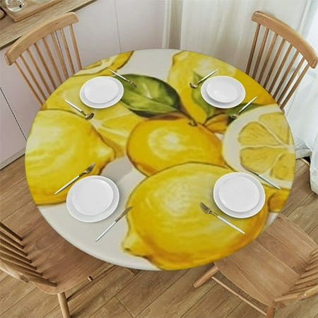 

HAOXIT Decorative Lemon Print Polyester Round Tablecloth Waterproof Fabric Table Cloth Table Cover for Dining Room and Party 54-58