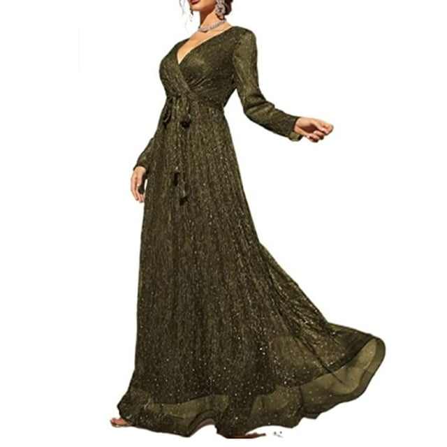 PENGXIANG Robe de Demoiselle d'Honneur à Sequins pour Femmes Manches Longues Col en V Ceinturée Robe Maxi Pailletée Robes de Soirée