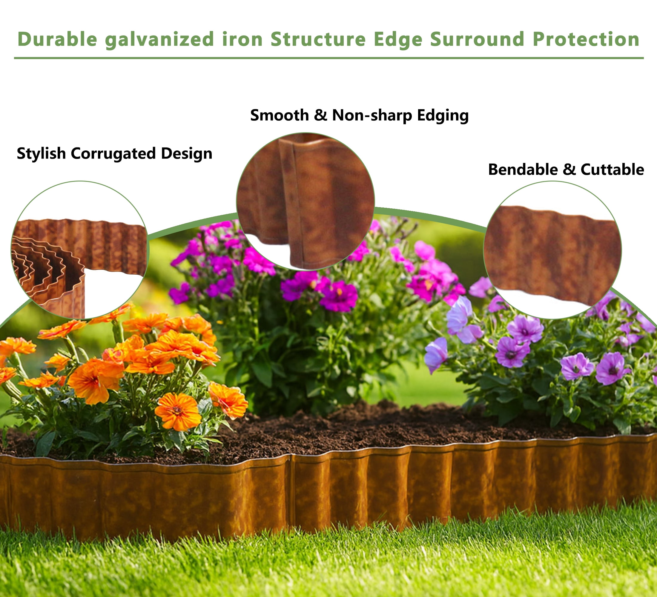 4W Galvanized Steel Garden Edging, 3" x 32.81' Corrugated Landscape Border, Flexible Lawn and Yard Edging Strip for Flower Beds and Tree Rings, Rust