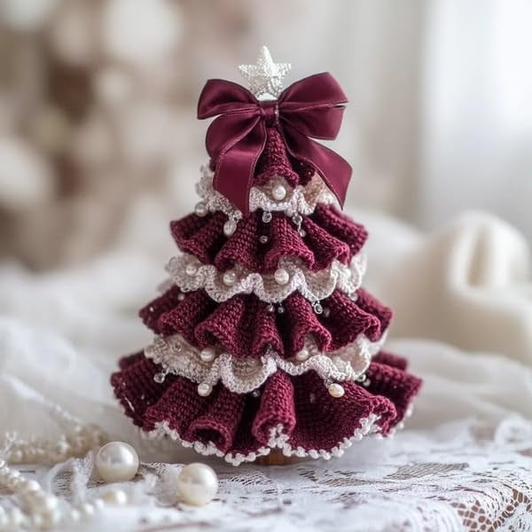 DIY Crochet Christmas Tree Kit,Handmade Crochet Christmas Tree,Tree Bow Pearl Embellishment,Beginner Christmas Crochet Kit,Christmas Craft Kit with Yarn Hook Beads Instruction