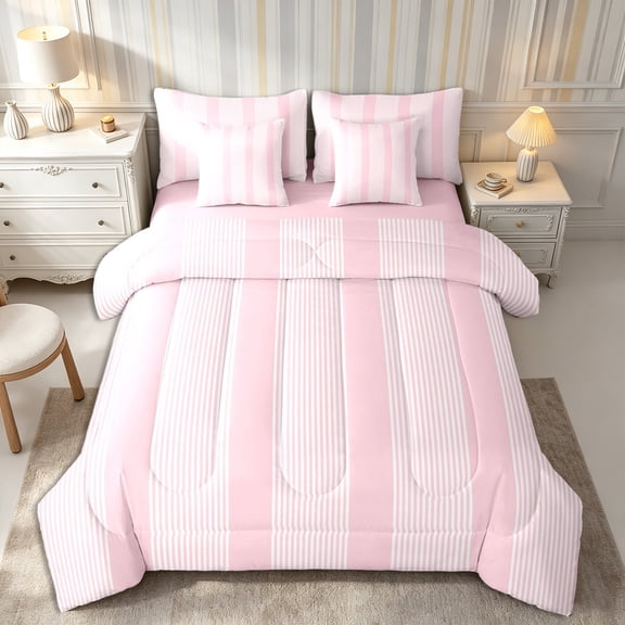 Castle Fairy Boho Thin Vertical Stripe 7-Piece Twin Bedding,Tribal Wide Band Bedding Comforter Set,Pale Pink White,Reversible