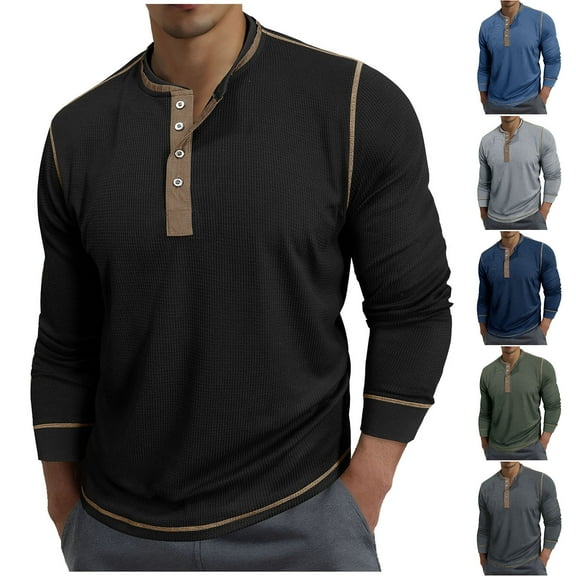 Sookity Mens Long Sleeve Waffle Henley Shirts Solid Basic Tee Shirts Big and Tall Button Down Shirts Males Lightweight Comfy Tops Mens Shirts Casual Long Sleeve Army Green,L