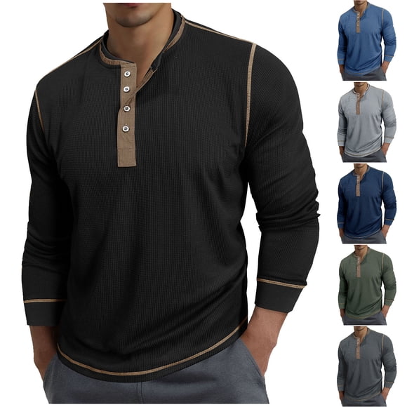 DDAPJ pyju Men's Polo Shirts Long Sleeve Contrast Collar Golf Shirt Waffle Knit Pullover Tees Blue XXL