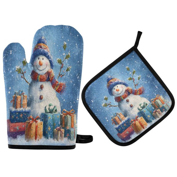 2PCS Pot Holders and Oven Mitts Sets Cooking Gloves Kitchen Gloves Heat-Resistant Non-Slip for Baking Cooking Blue Christmas Snowman