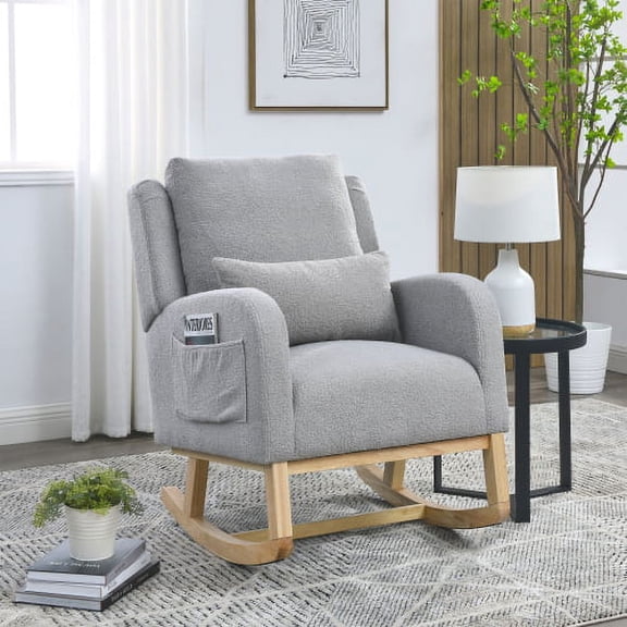 Dtwnek High Back Armchair with 2 Side Pockets and Lumbar Pillow, 27.5"W Modern Rocking Chair for Living Room, Office, Gray