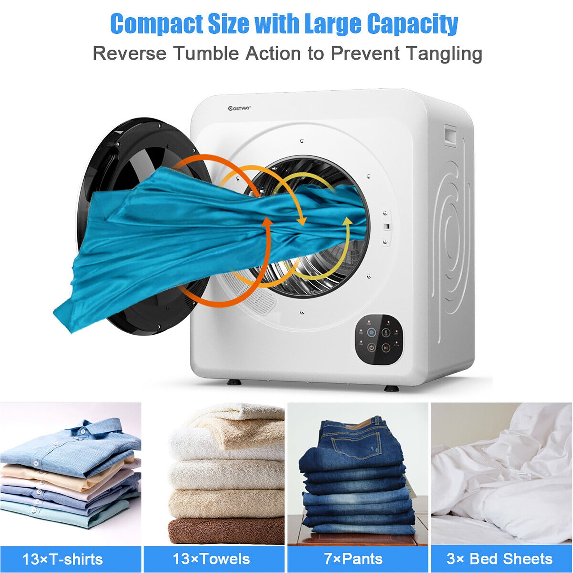 COSTWAY Compact Portable Dryer, Stainless Steel Clothes Dryer with Touch  Panel, 2 Modes, 3 Heating Powers and Adjustable Exhaust Vent, 8.8 LBS Front
