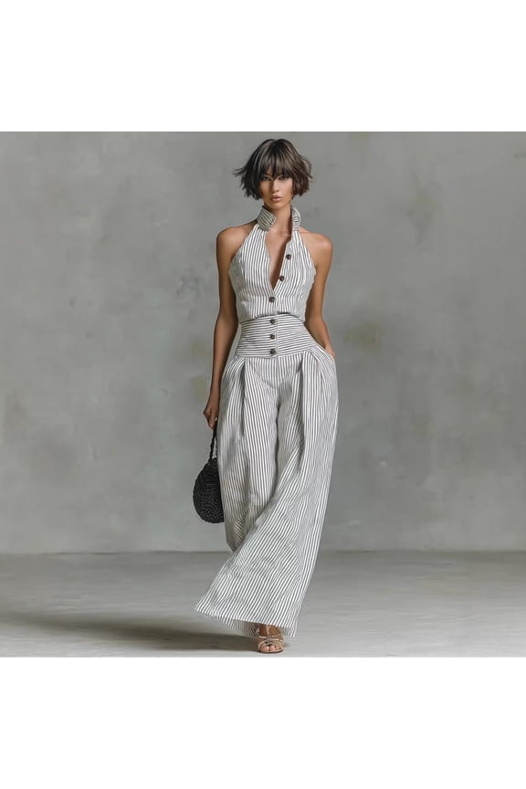 2026 New European and American Style Women's Halter Stand Collar Vertical Stripe Button Front High Waist Wide Leg Jumpsuit