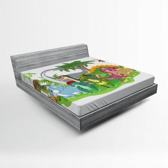 Ambesonne Colorful Fitted Sheet, Cartoon Group Dinosaur, Full Size, Multicolor