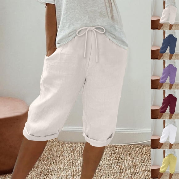 Brqkzdu Summer Cotton Linen Shorts for Women Drawstring Elastic Waist Bermuda Shorts with Pockets Knee Length Comfy Lounge Shorts