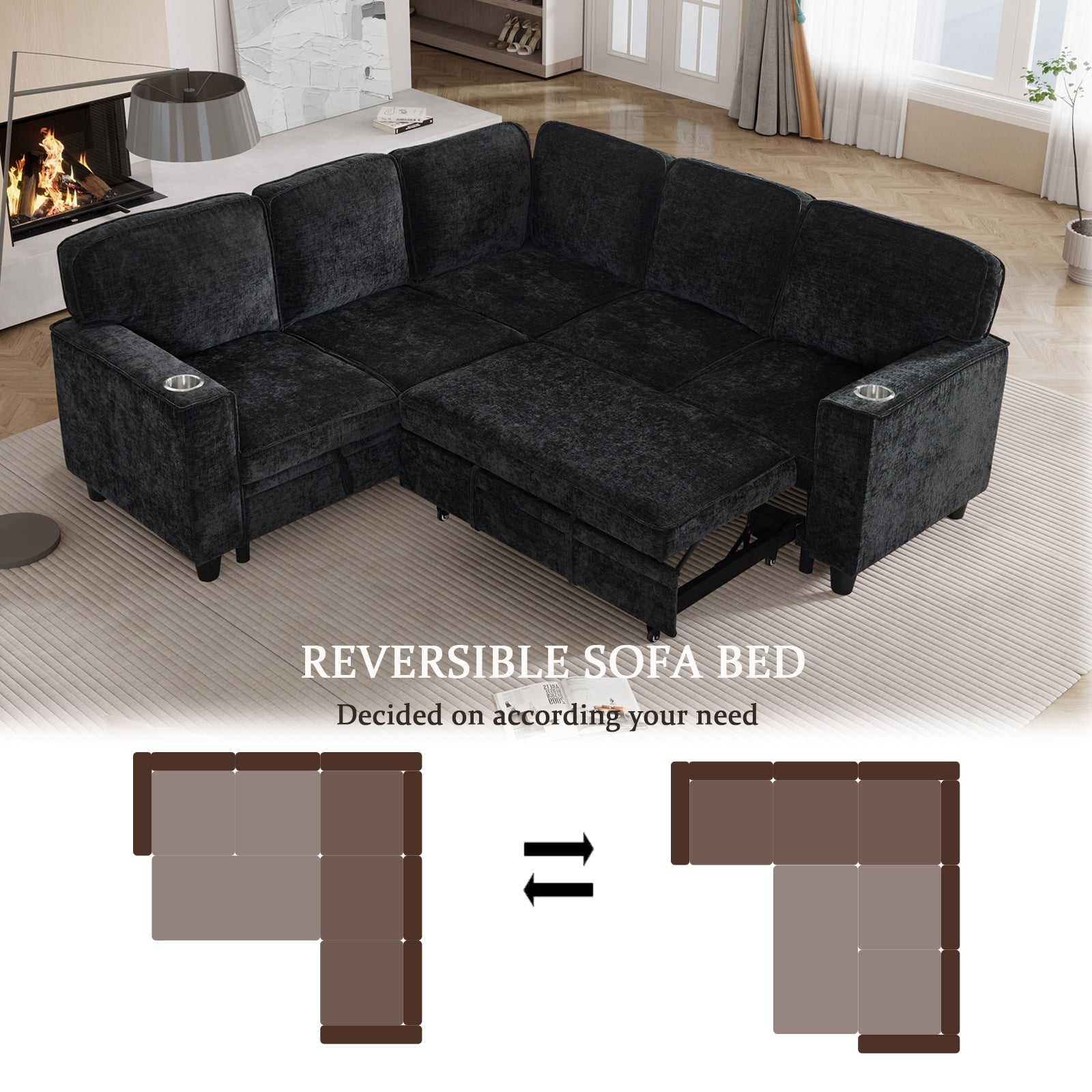 Gewnee L-Shaped Sectional Sofa,Modern Chenille Modular Sofa with Storage Function,USB‑C Charging Ports & Cup Holders,Pull Out Couch for Living Room,Charcoal Grey