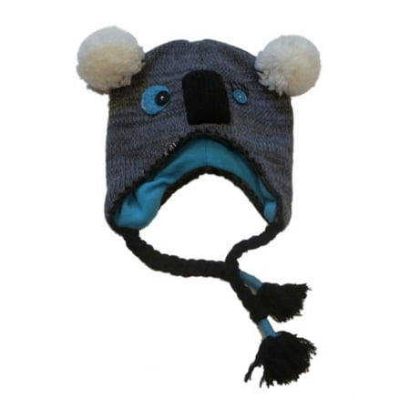 Aviator Bear - Womens Knit Koala Bear Trapper Hat Peruvian Button Eyes Critter Aviator