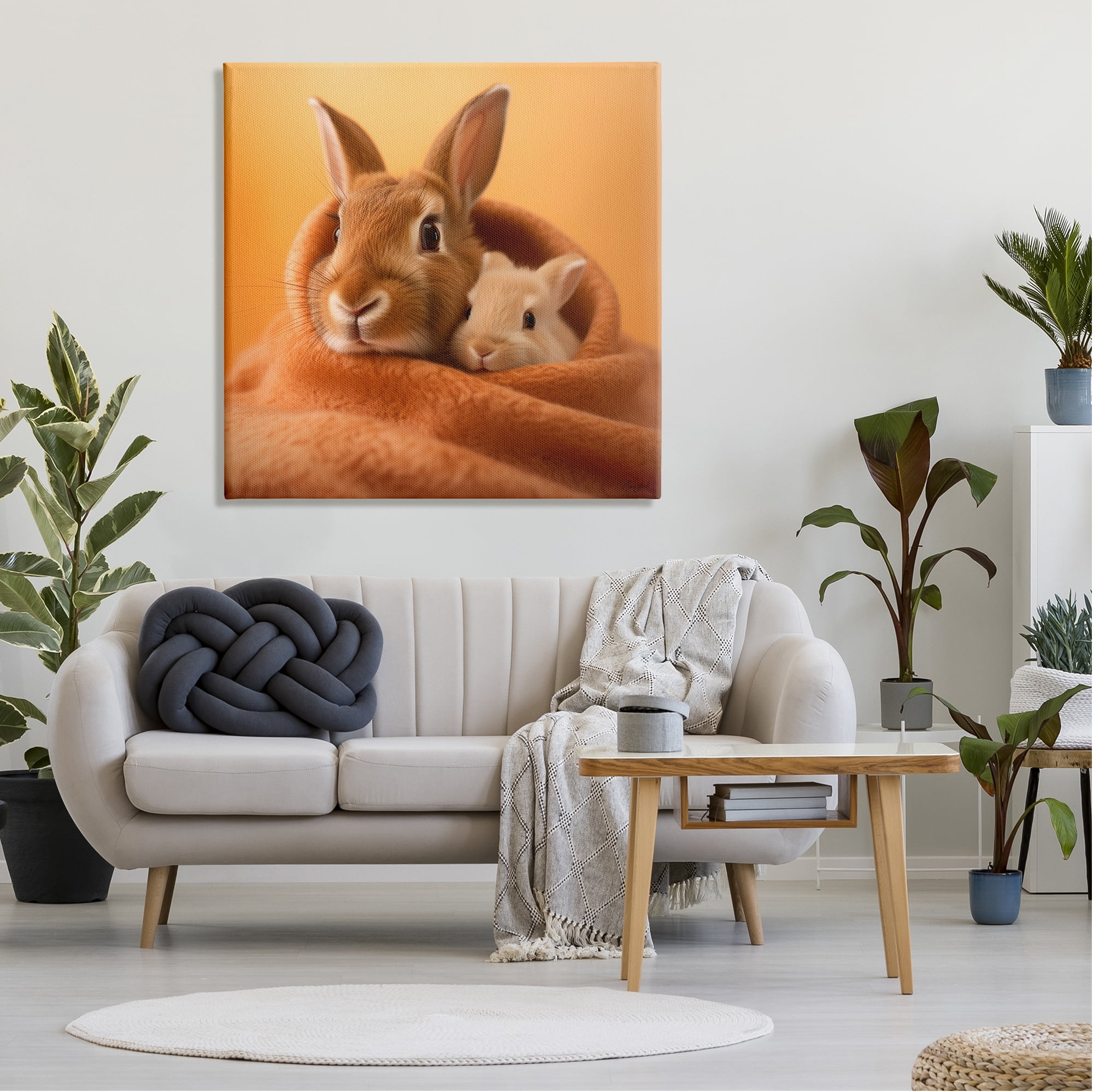 Stupell Industries Bunnies Cuddling in Blanket Animals & Insects Painting Gallery Wrapped Canvas Art Print Wall Art, 36 x 36