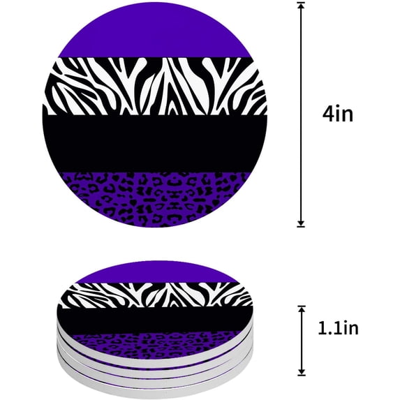 FMSHPON Leopard and Zebra Texture Purple Set of 6 Round Coaster for Drinks, Absorbent Ceramic Stone Coasters Cup Mat with Cork Base for Home Kitchen Room Coffee Table Bar Decor