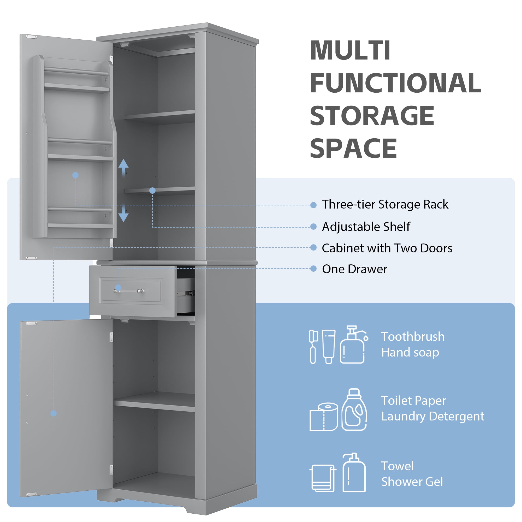 Euroco Tall Bathroom Storage Cabinet, Freestanding Storage Cabinet with Two Different Size Doors and Adjustable Shelf, Door Shelve Design, MDF Board with Painted Finish, Gray