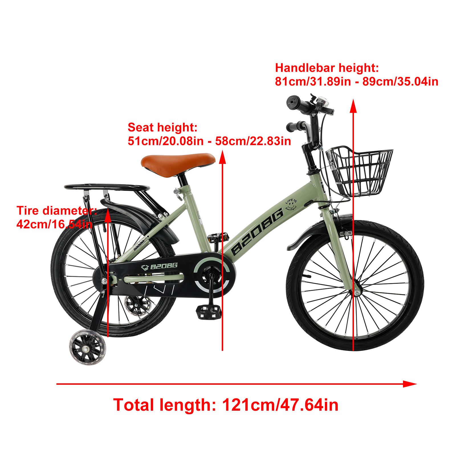 ARTUDATECH Kids Bike, 18 Inch Children Bikes for Boys Girls Age 6-10 Years old with Lighting Training Wheels, Basket, Dual Brake, Kids Bicycle Green