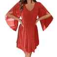 thumbnail image 5 of qucoqpe Womens Summer Mini Dress Fashion Casual Solid Color Ruffle 3/4 Sleeve V Neck Glittering Sequin Dress Loose Party Dress, 5 of 5