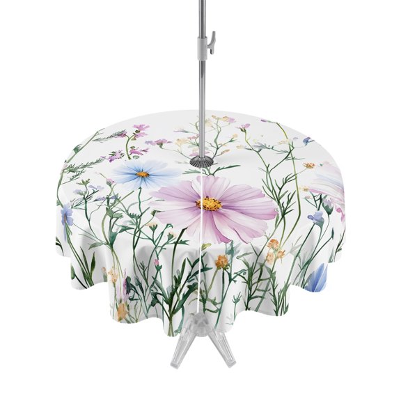 Outdoor Table Cloth with Umbrella Hole and Zipper, Pink Blue Spring Floral Waterproof Round Tablecloth 54 Inch, Watercolor Elegant Botanical Washable Table Cover for Outside Party Patio Picnic