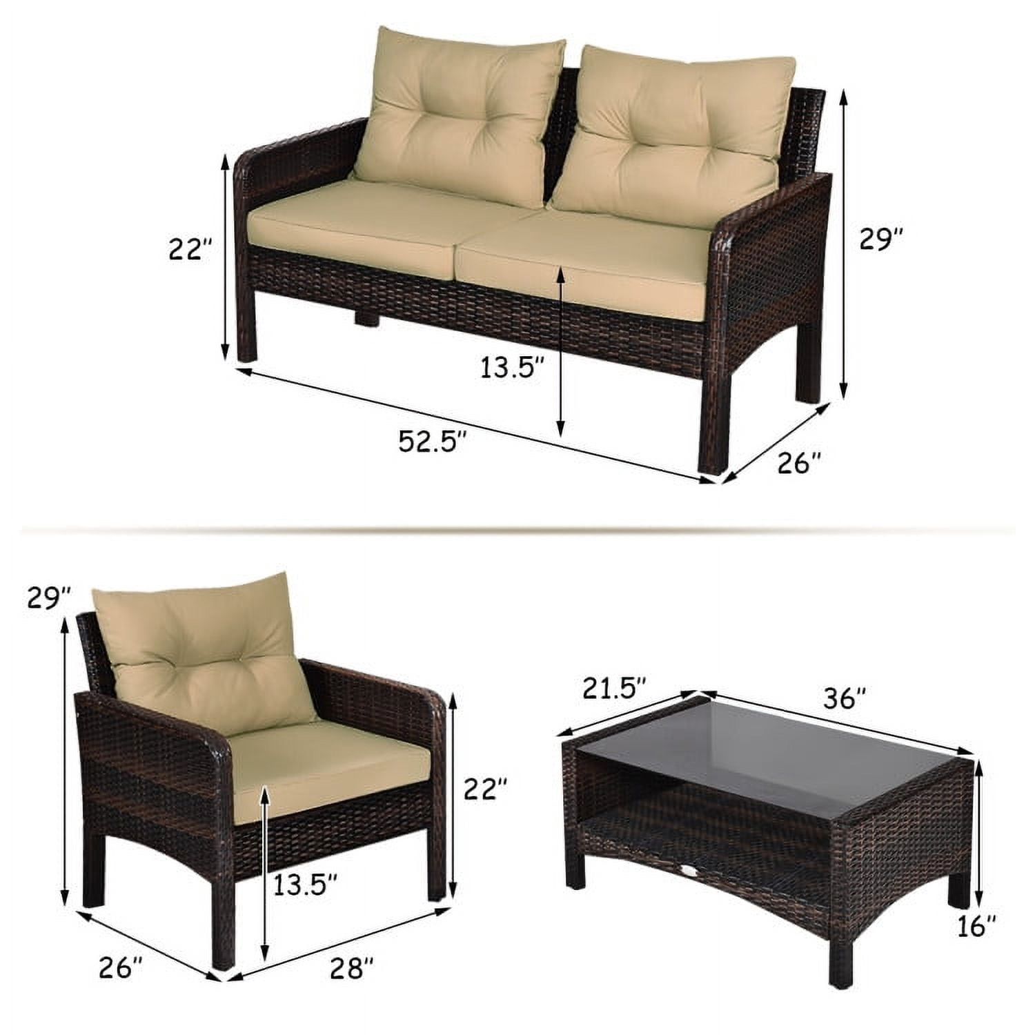 Aimee Lii 4 Pieces Outdoor Rattan Wicker Loveseat Furniture Set with Cushions, Small Patio Set, Khaki Aimee Lii 4 Pieces Outdoor Rattan Wicker Loveseat Furniture Set with Cushions, Small Patio Set, Khaki
