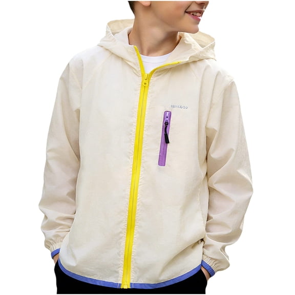 CYRBOKO Boys' Summer Sun Protection Jacket, Lightweight Thin Hooded UV Blocking Casual Outerwear Beige Size 8-9 T