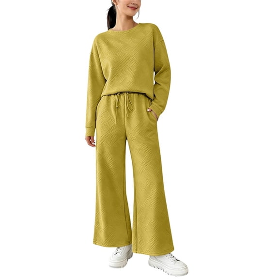 Yutgune Women's 2 Piece Sweatsuit Crew Neck Long Sleeve Sweatshirt Drawstring Wide Leg Pants Loungewear Set