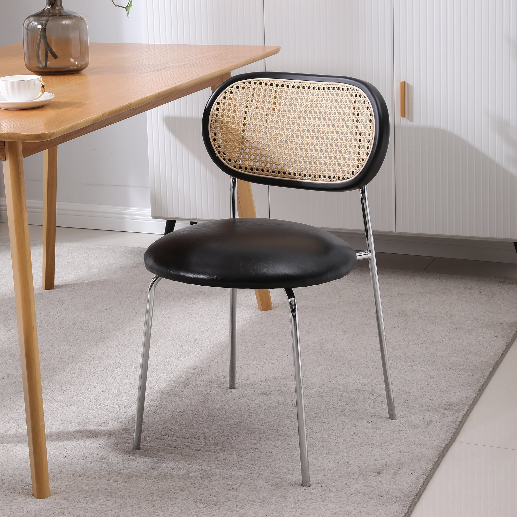 Kadyn PU 2pcs Dining Room Chairs with Rattan Backrest for Kitchen, Black Kitchen Chairs Kadyn PU 2pcs Dining Room Chairs with Rattan Backrest for Kitchen, Black Kitchen Chairs