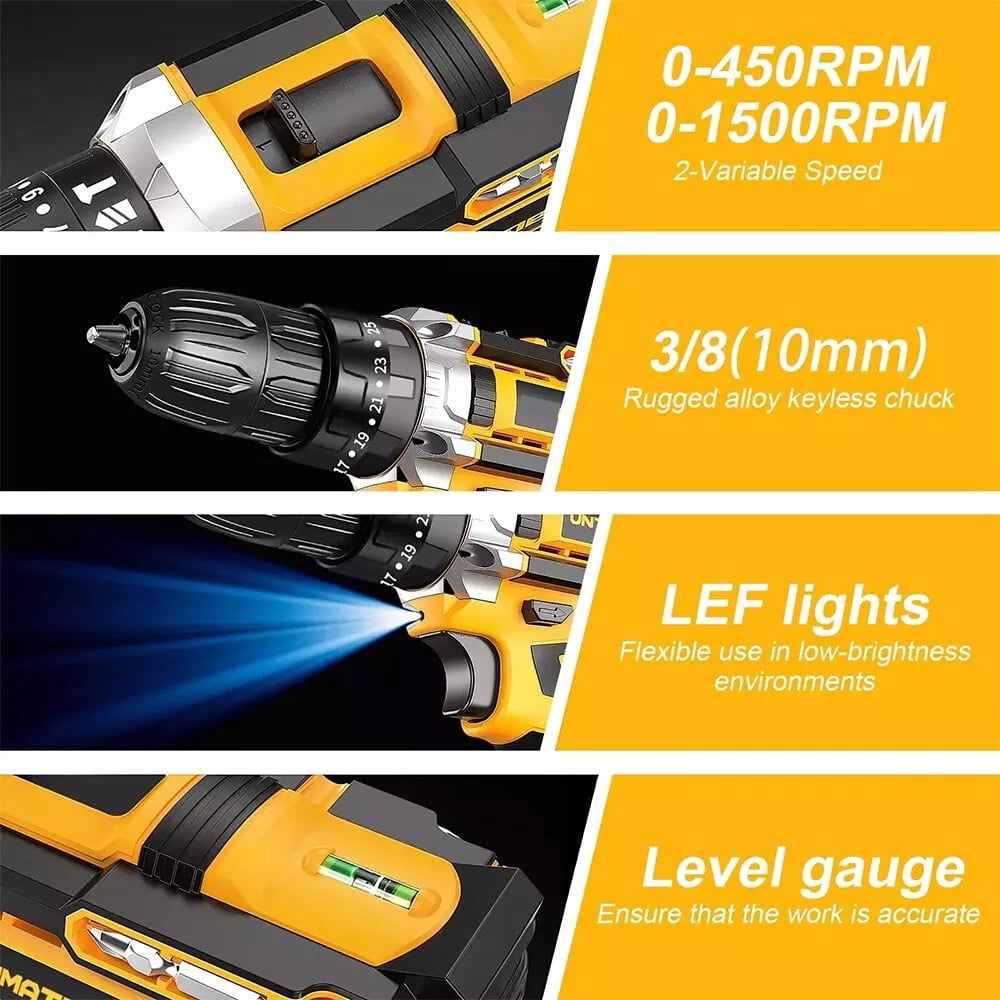 21V Cordless Hammer Drill Set Electric Impact Driver Screwdriver with 2 Battery for Home, Garden, DIY & Workshop