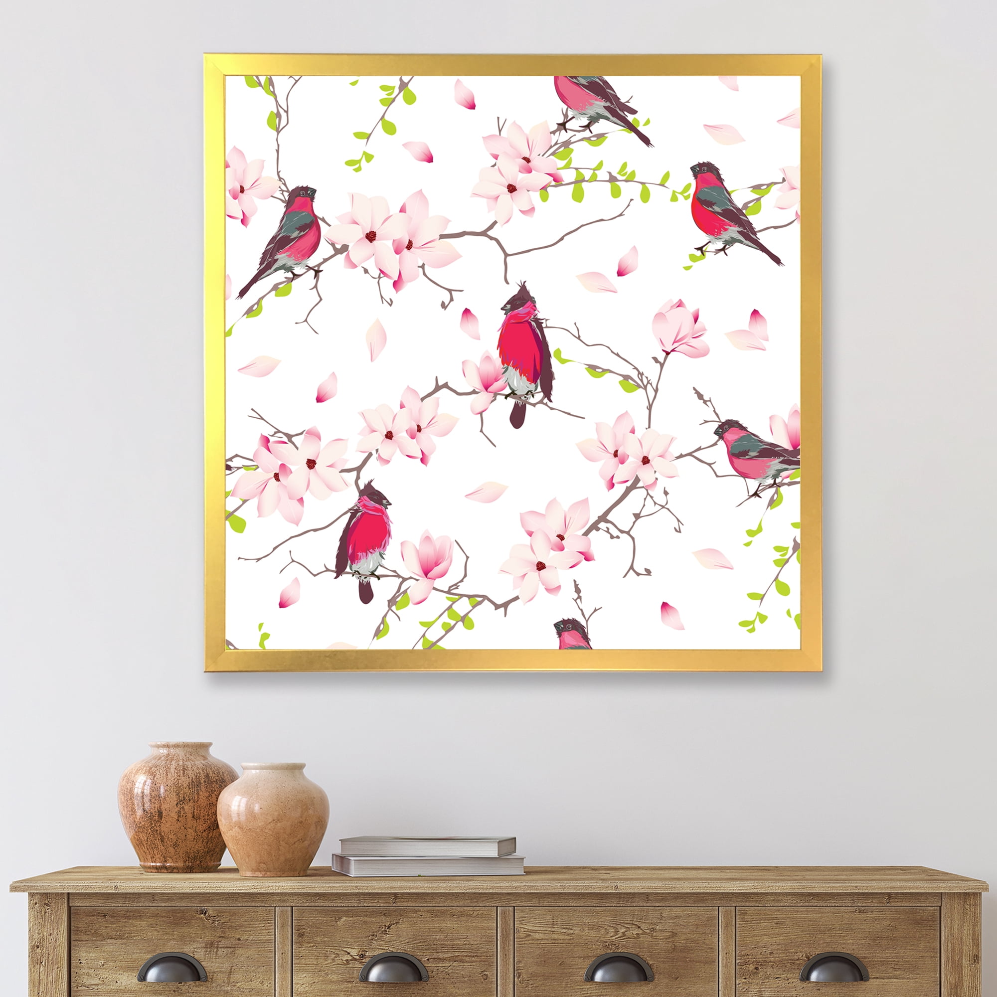 Designart 'Red Bullfinches Sitting On Magnolia Tree' Traditional Framed Art Print