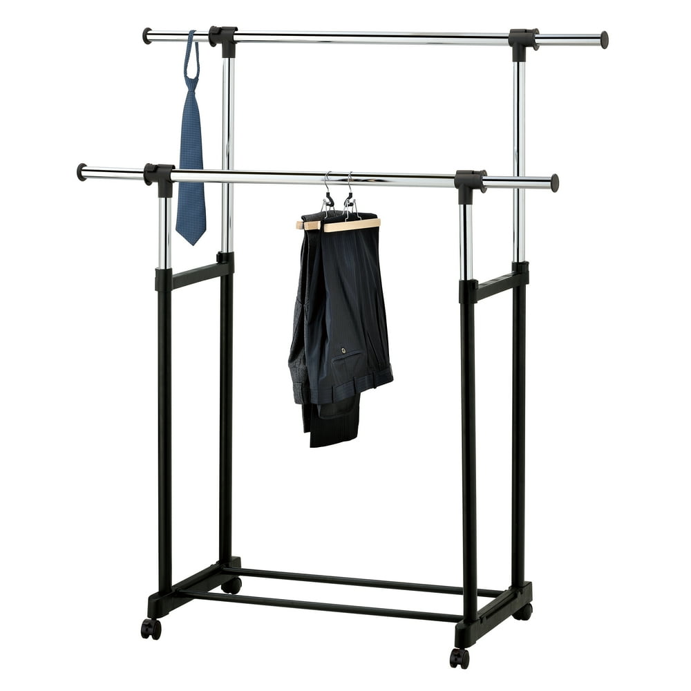 Modern Chrome Plated Garment Rack with Adjustable Telescopic Double Rail / Rolling Clothes