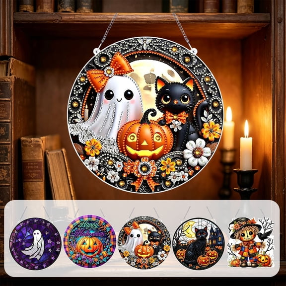 Halloween Diamond Art Kits For Adults Clearance, DIY Pearl Diamond Art, Hanging Ornament For Halloween Front Door Decor, DIY Fall Home Decor Wall Art, Halloween DIY Gift (Black)