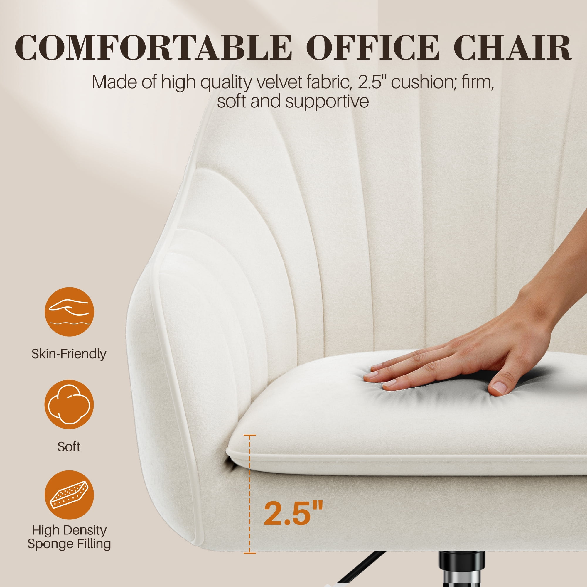 COOLHUT Office Desk Chair with Padded, Velvet Vanity Chair with Back and Wheels, Comfy Home Office Chiar with Gold Legs, Height Adjustable, Rolling Chair for Vanity Room, Makeup Room, Bedroom, Beige