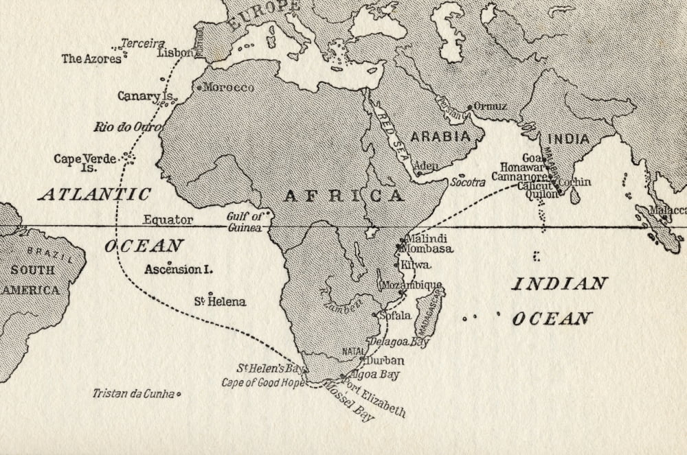 Sketch Map Illustrating Vasco Da Gamas Voyages The Dotted Line Indicates The First Voyage To India In 1497 From The Great Explorers Columbus And Vasco Da Gama Canvas Art - Ken Welsh Design Pics (18 x