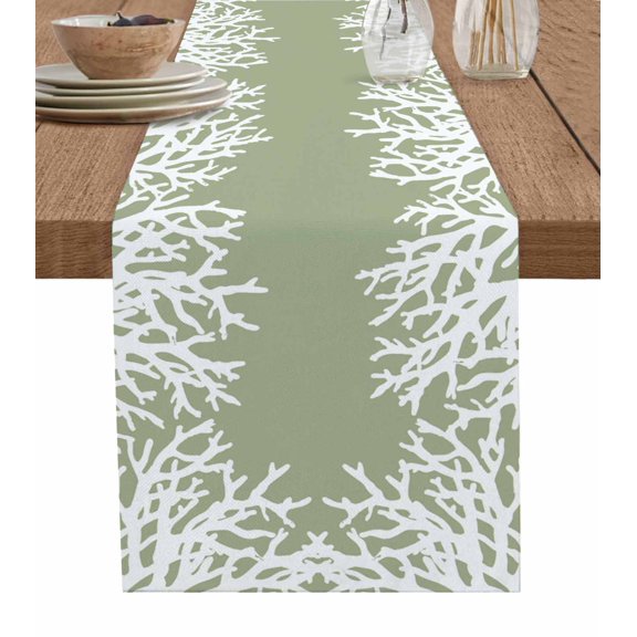 ERUNPONLY Coastal Coral Table Runner - 120 Inch Long Sage Green Ocean Marine Nautical Beach Cotton and Linen Blended Dress Scarves Farmhouse Table Runner for Kitchen Dining, Coffee Table, 13"x120"