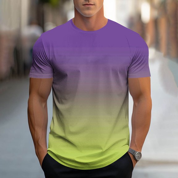 HBYJLZYG Men's Ombre Gradient Print Short Sleeve Tee, Crew Neck, Lightweight Polyester, for Everyday Wear & Light Activities