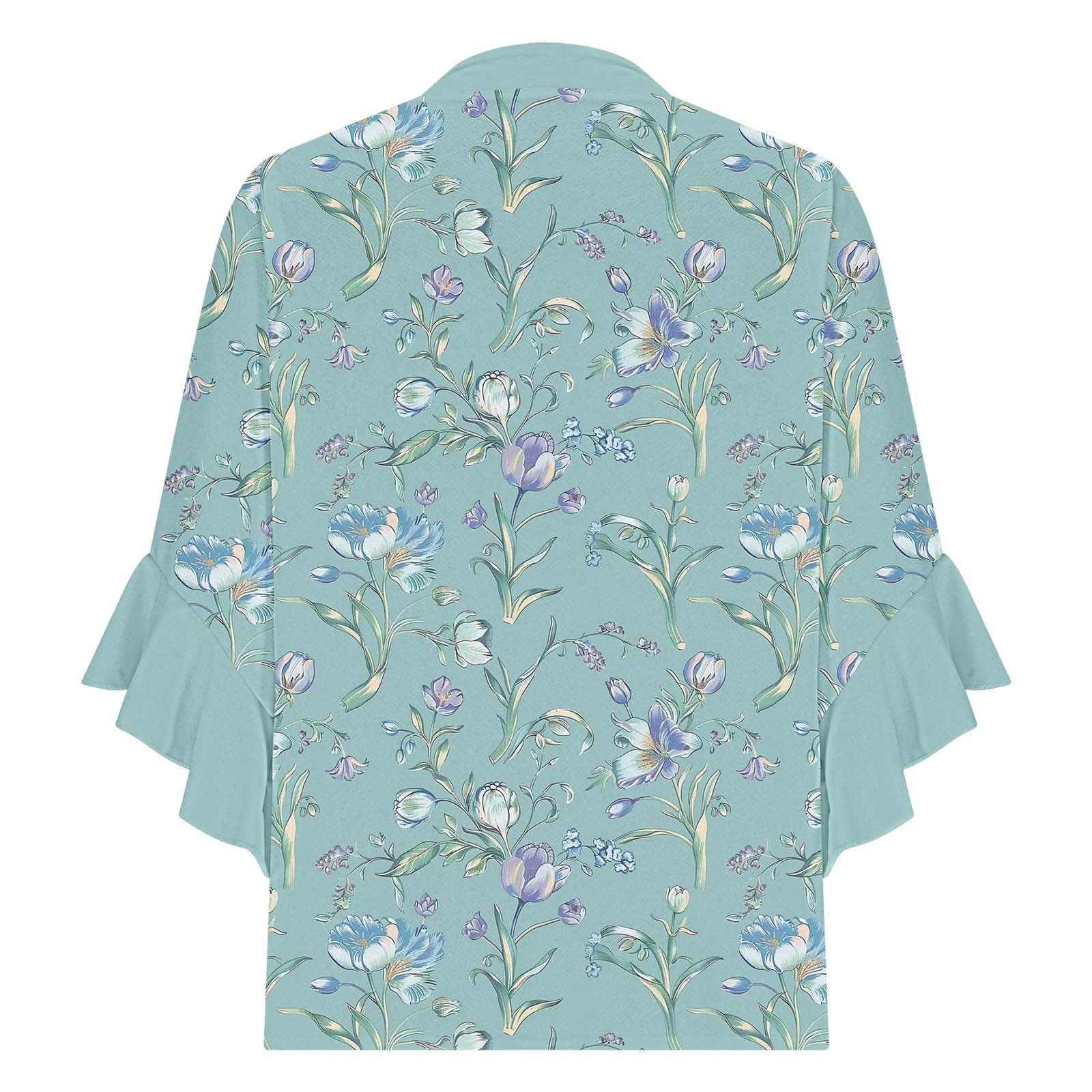 Women Boho Floral Print Blouses with 3/4 Flowy Ruffle Sleeves V Neck Half Button Down Shirt for Summer Beach Vacations