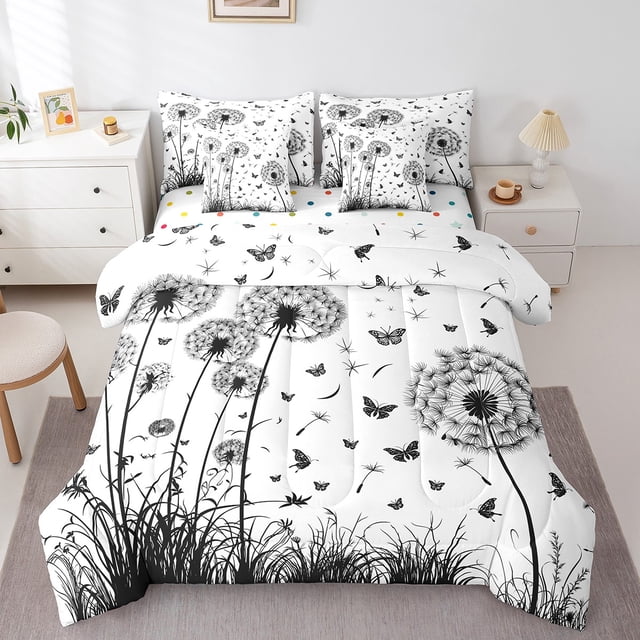 Erosebridal Spring Dandelion Bedding Full Size, Chic Butterfly Bedding Accessories for Girls, Reversible 7pcs