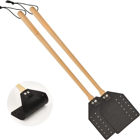 Fly Swatter 2 Pack, Heavy Duty Leather Flyswatter with Long Wooden Handle, Indoor Outdoor Wasp Swatter for Home & Kitchen, 19.5"