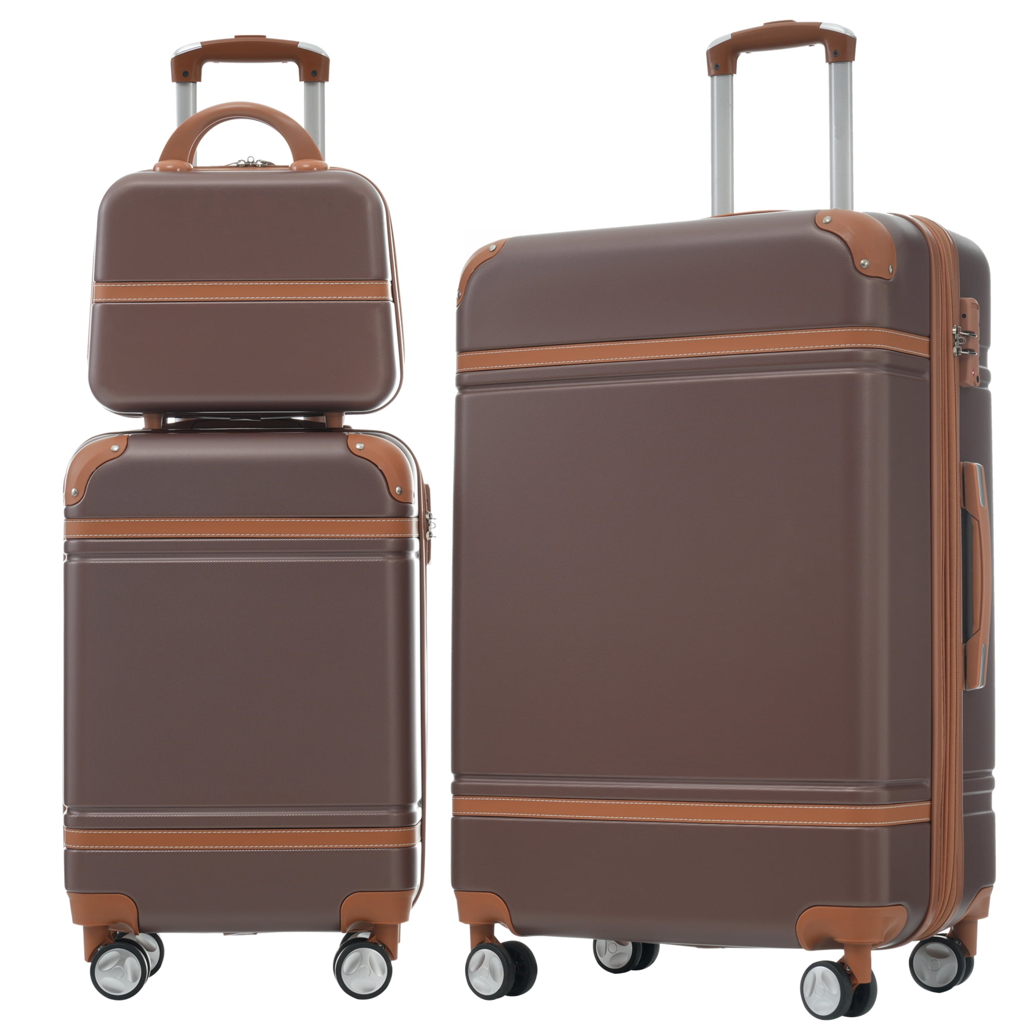 MAYEERTY Vintage 3-Piece Luggage Set: 20"+ Expandable 28" Hardside Suitcase + Cosmetic Case, TSA Lock & Spinner Wheels, Brown
