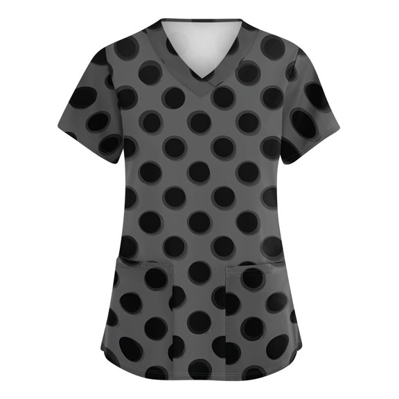 Scrubs For Women Polka Dot Print Short Sleeve Medical Scrub Top With Dual Patch Pockets Cozy Breathable Workwear Uniform Tops Black L