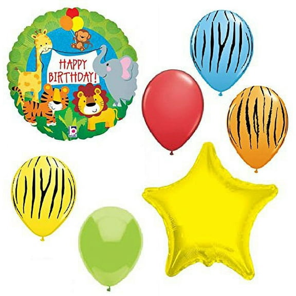 Jungle Safari Zoo Tiger Lion Elephant Giraffe Monkey 7 Piece Party Mylar and Latex Balloons Set