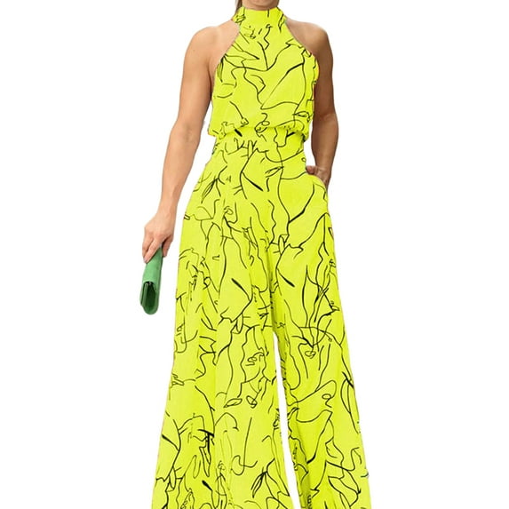 DYMADE Women Plus Size Elegant Strap Waist Sleeveless Print Jumpsuit