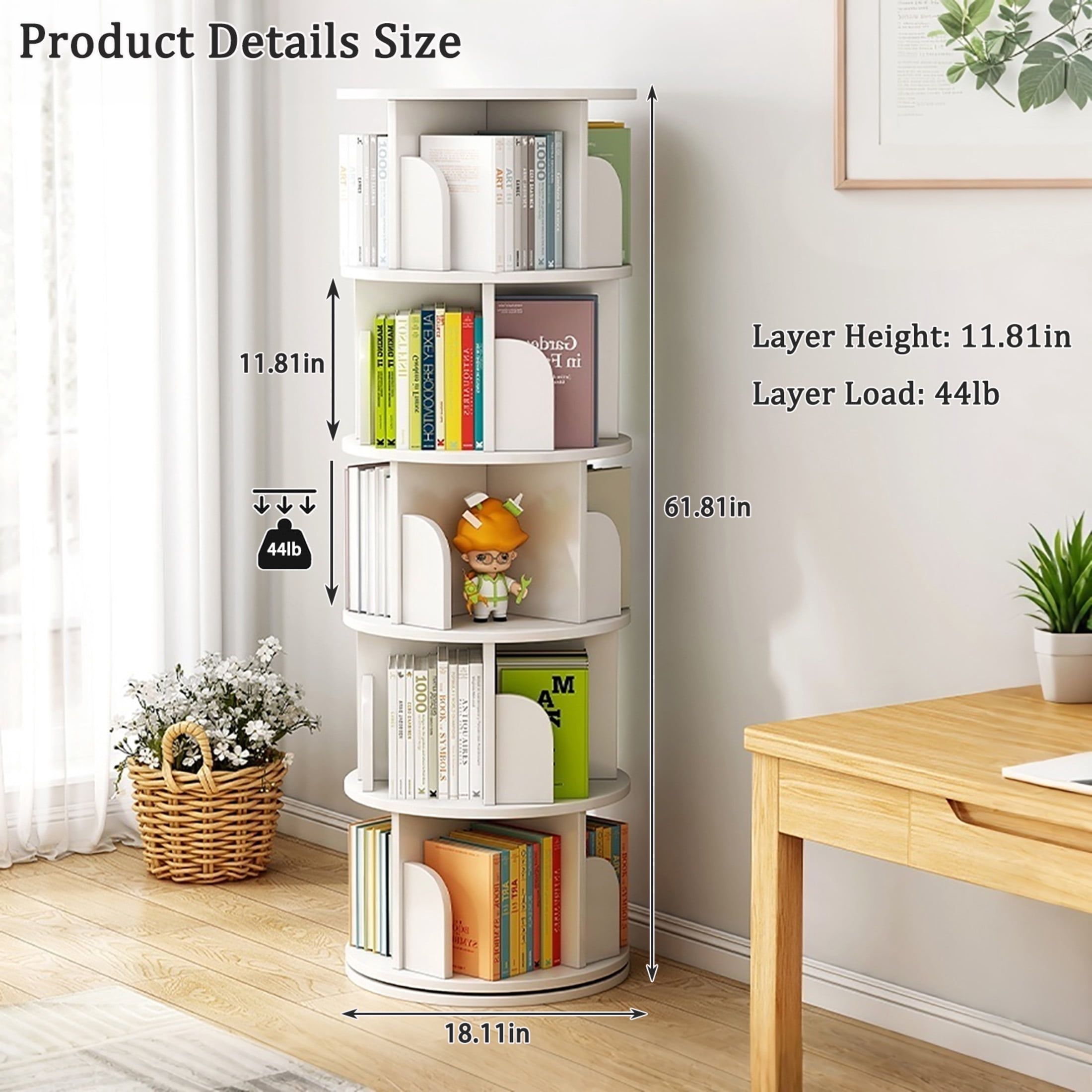Noble House Pamela 5-Tier 360° Rotating Bookshelf, Round Display Tower, Space-Saving, for Home Office, White